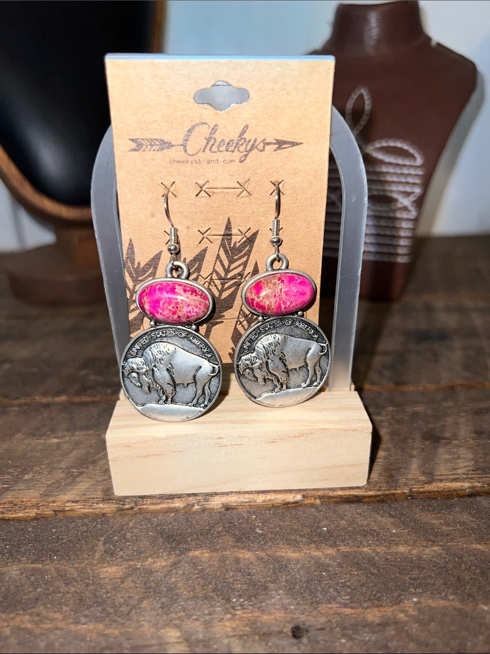 Pink Stone Buffalo Coin Drop Earrings